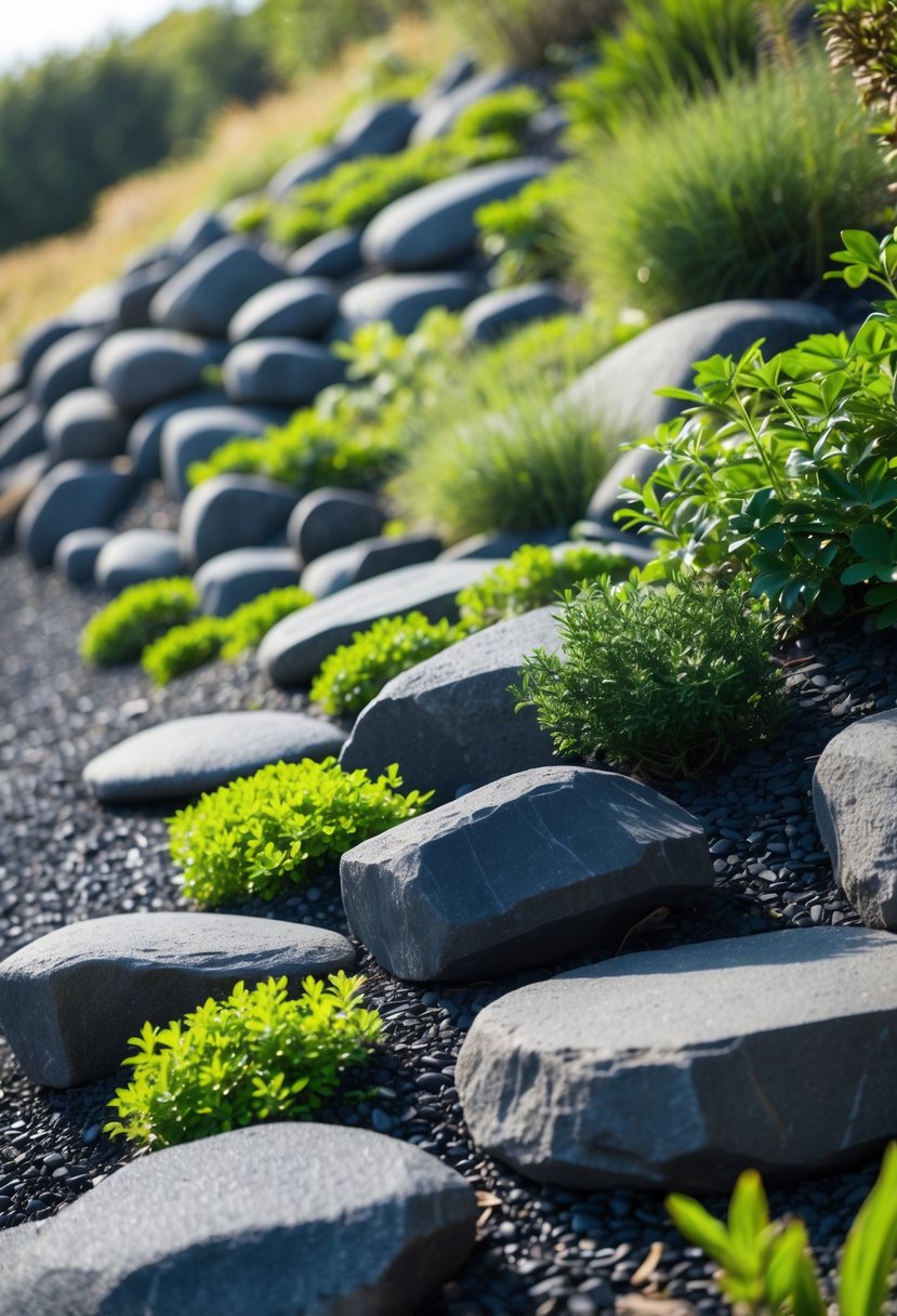 A slope covered with black basalt stones and green plants growing between them.