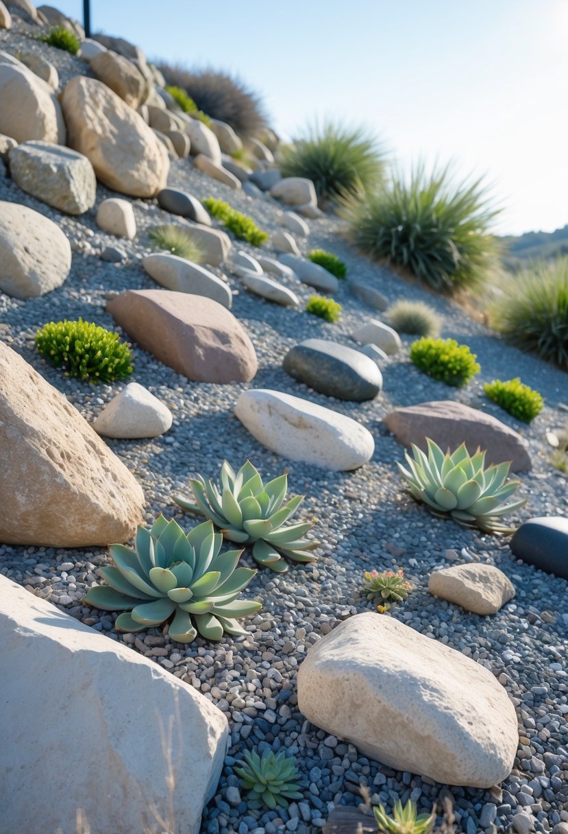 A sloped rock garden with gravel, various sized rocks, and scattered drought-resistant plants.