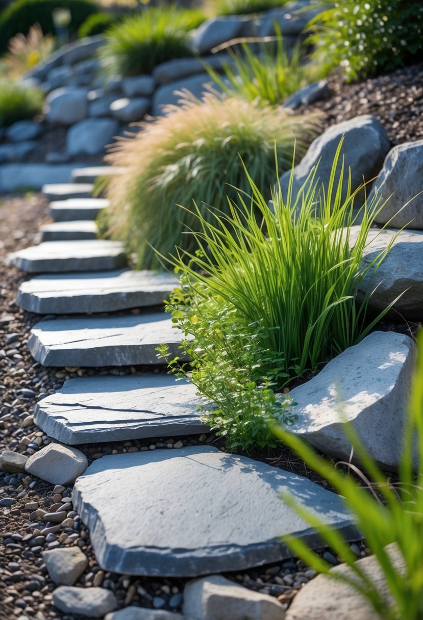 A winding slate stone path on a garden slope surrounded by wild sedge plants and rocks.