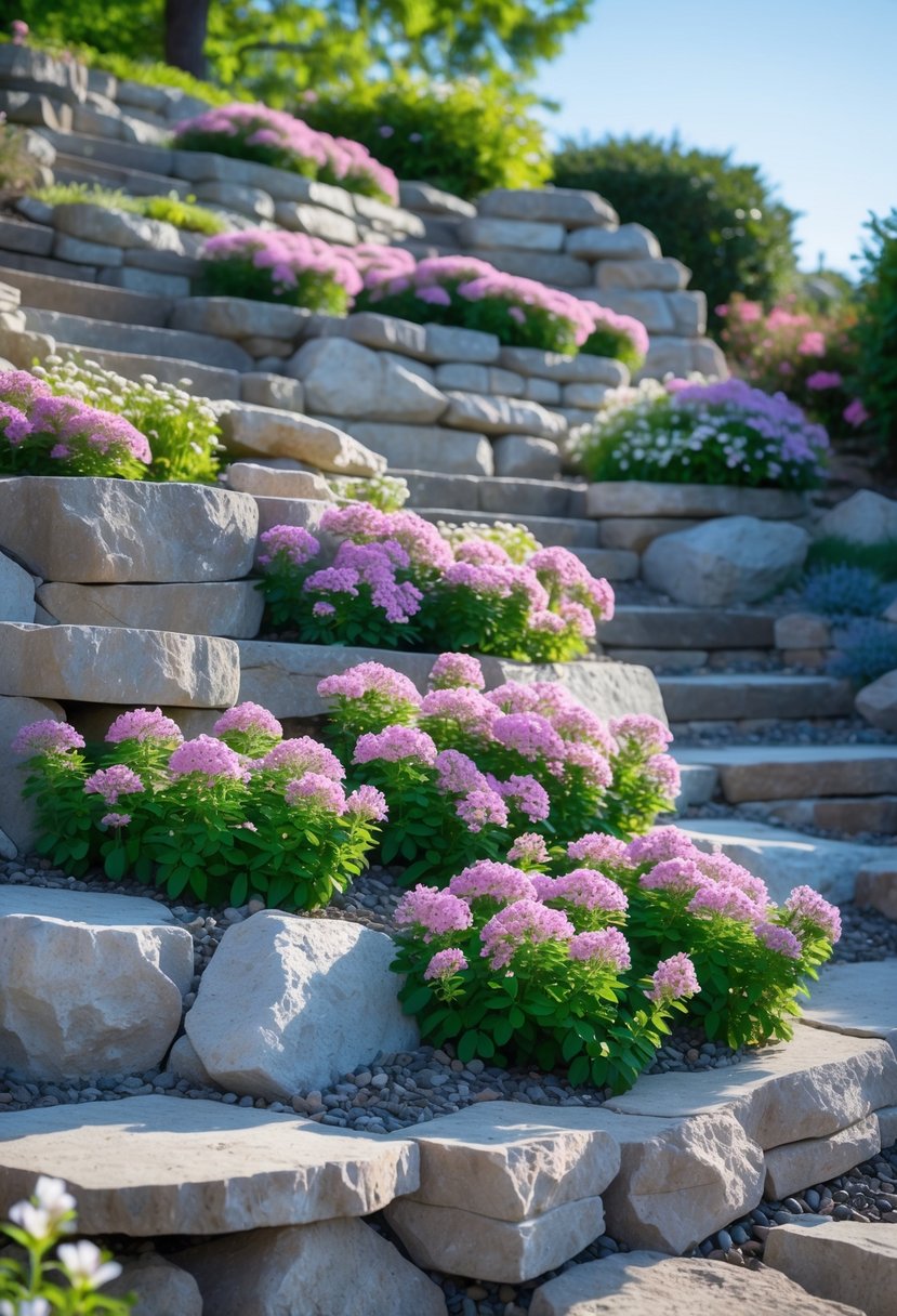 A multi-tiered rock garden on a slope with vibrant creeping phlox flowers growing among natural stone walls.