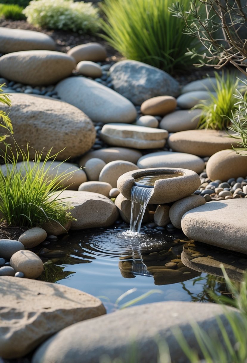 A small water feature surrounded by smooth stones on a sloped rock garden with plants.