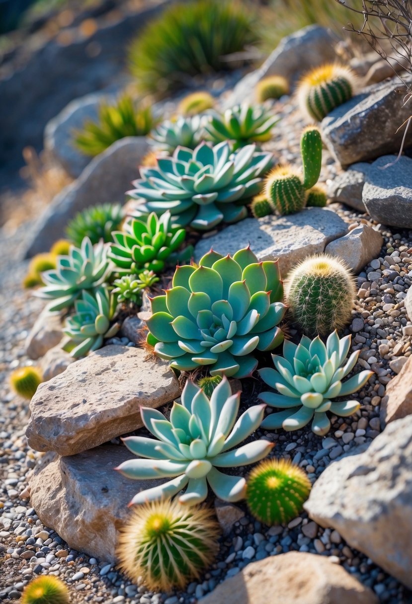 A steep slope covered with a rock garden featuring various succulents and cacti among natural stones.