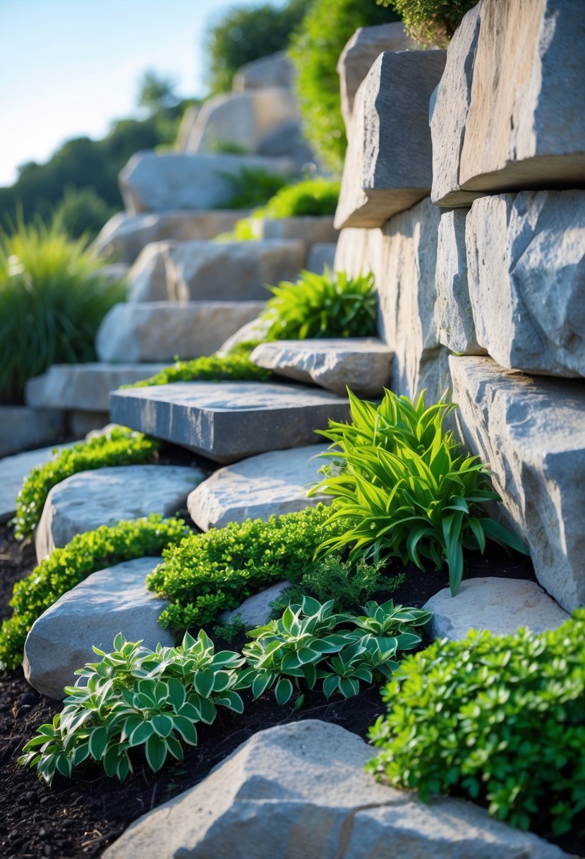 Vertical rock walls on a slope covered with green creeping ground cover plants in a rock garden.