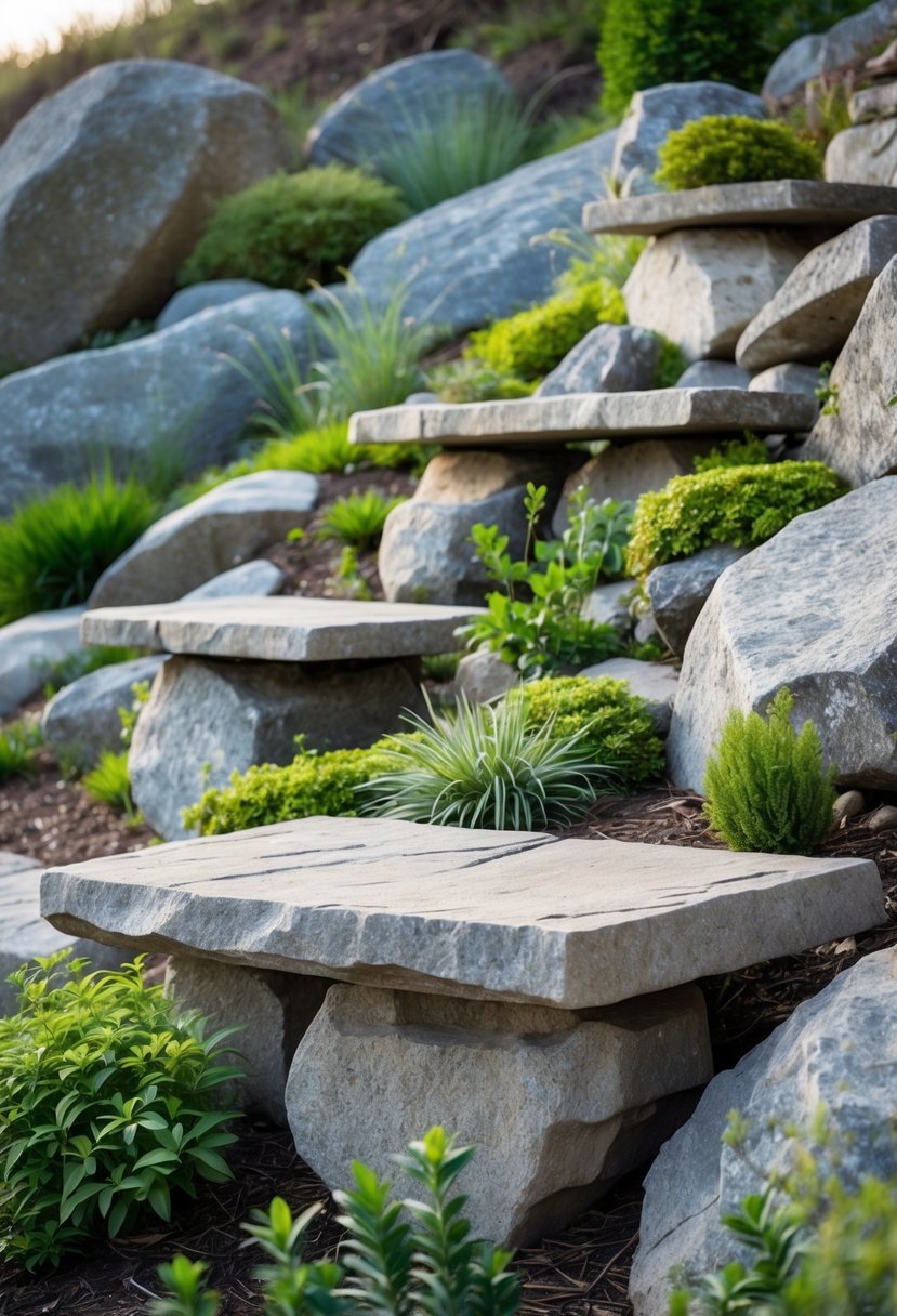 Stone benches nestled among rocks and plants on a sloping rock garden.