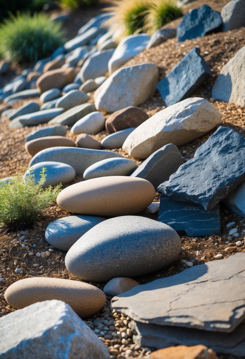 A slope covered with a mix of smooth polished river rocks and rough slate stones, surrounded by low green plants.