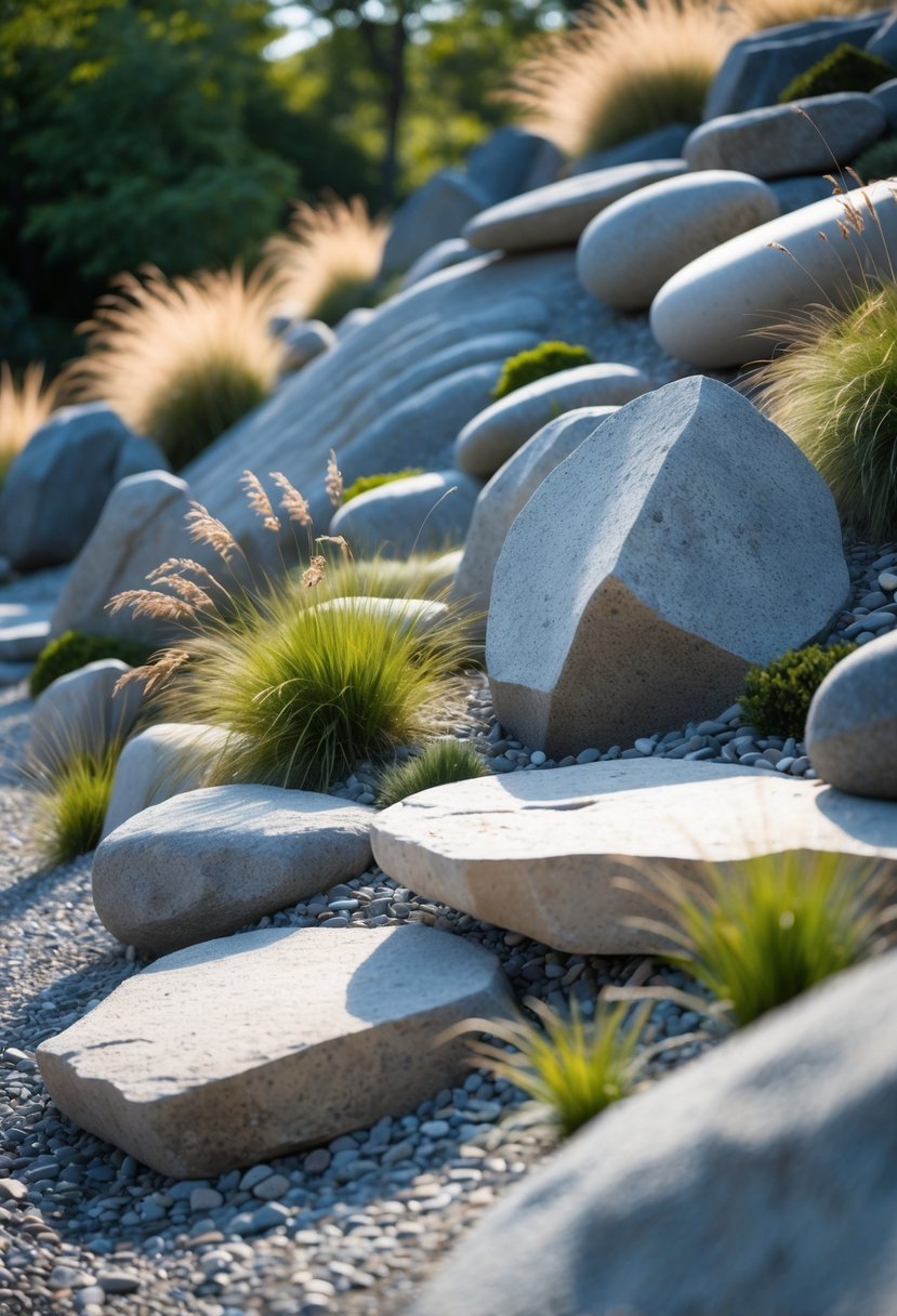 A sloped rock garden with large sculptural rocks and small plants arranged artistically.