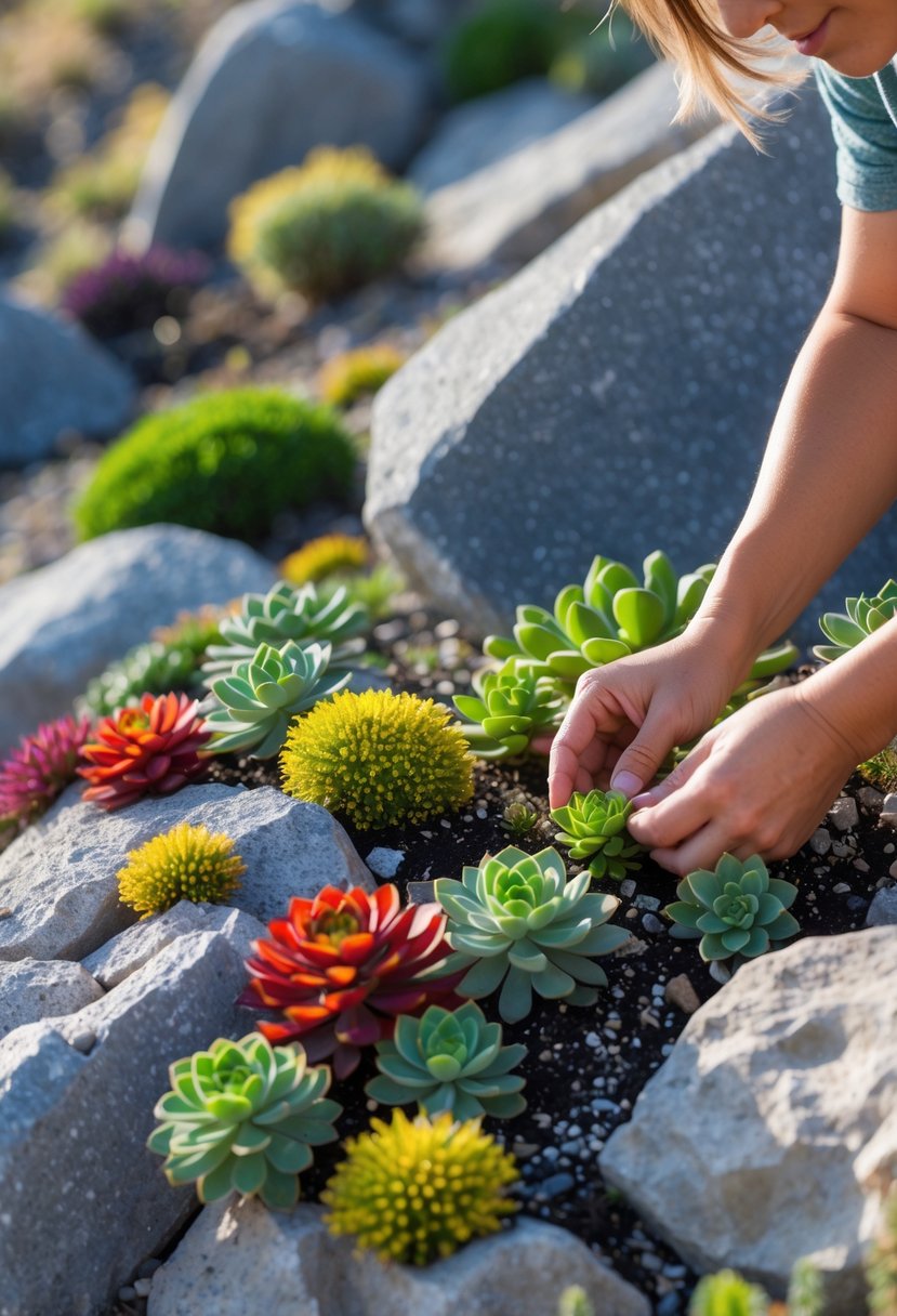 Colorful sedum plants growing in the crevices of rocks on a sloped garden.