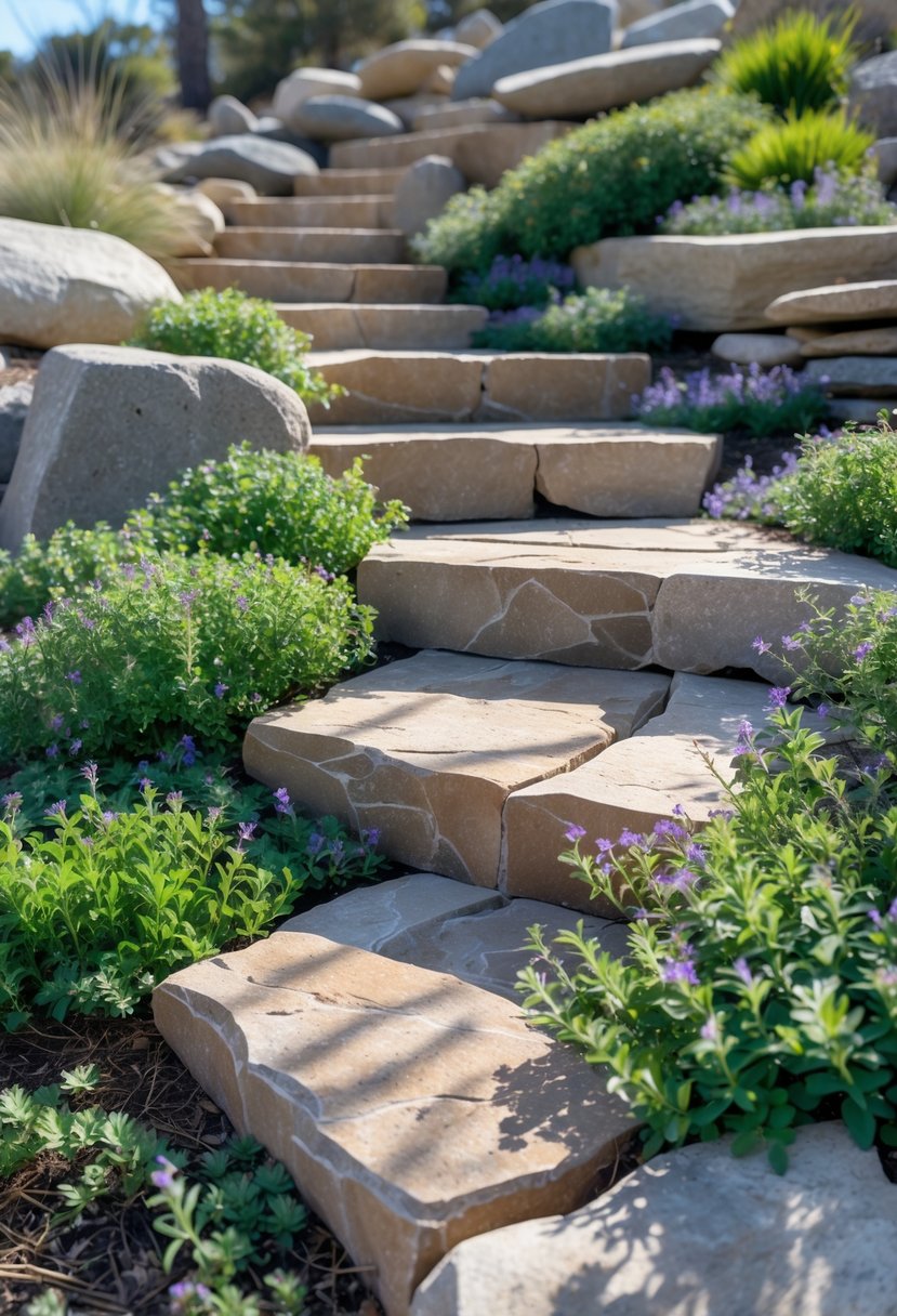 Natural flagstone steps on a slope surrounded by green creeping thyme and rocks in a garden.