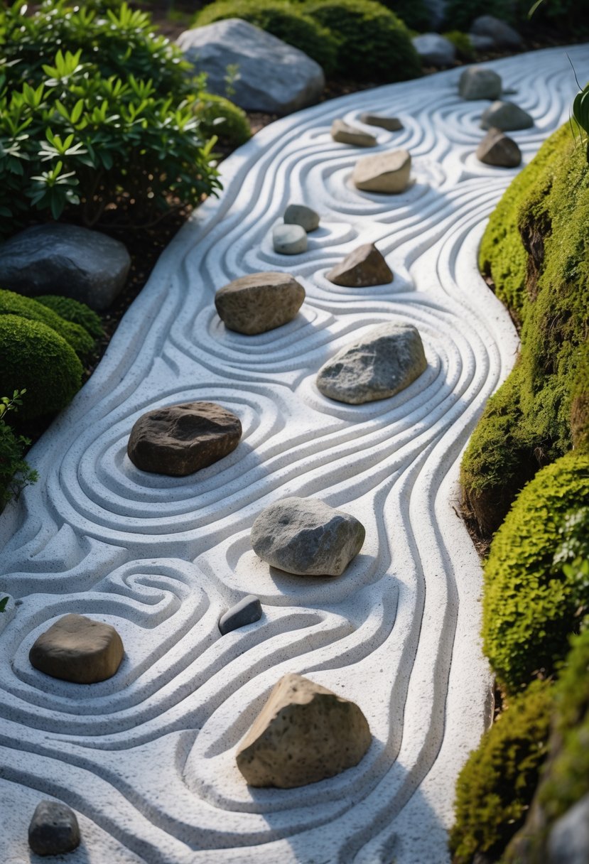 A rock garden on a slope with raked gravel patterns and scattered natural rocks surrounded by green moss and plants.