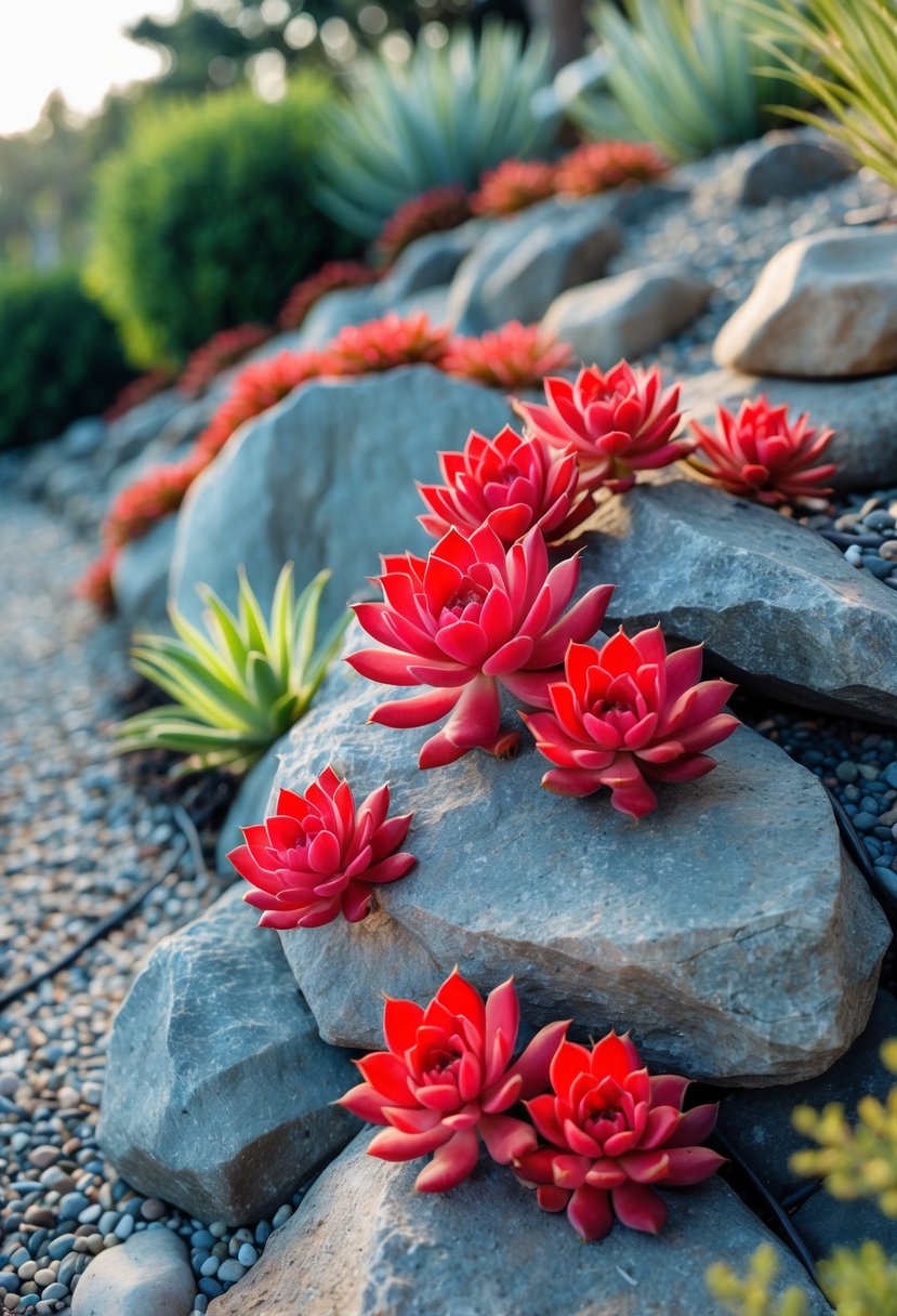 Bright red succulent plants growing on rocks in a modern rock garden on a slope.