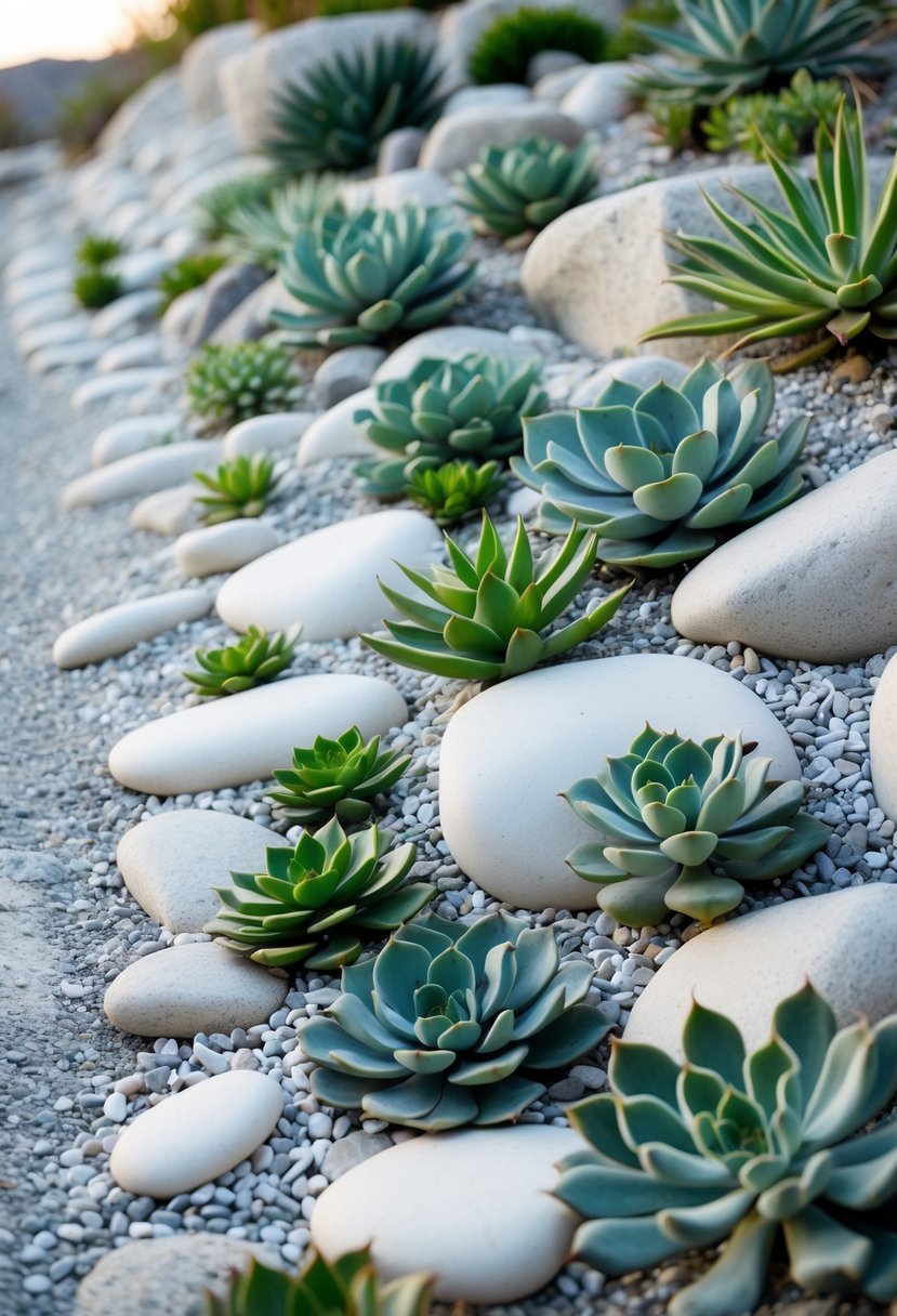 A sloped rock garden with white stones and green succulents arranged among them.