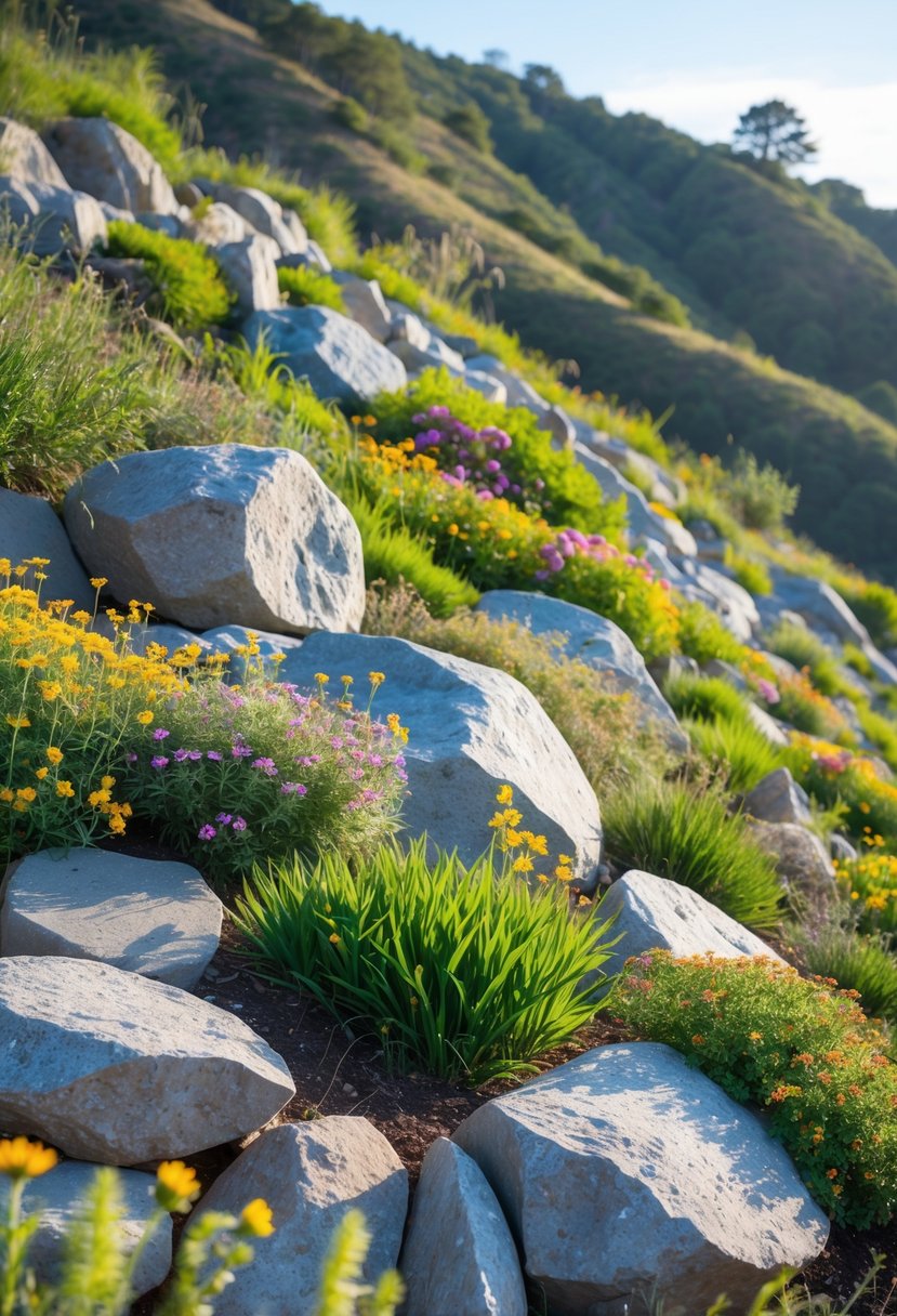 A hillside rock garden filled with colorful wildflowers and native plants growing among natural stones on a slope.