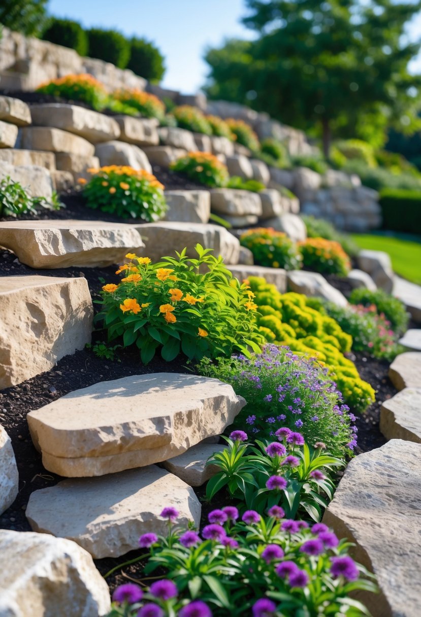 Rock retaining walls on a slope with blooming groundcover plants growing between the stones.