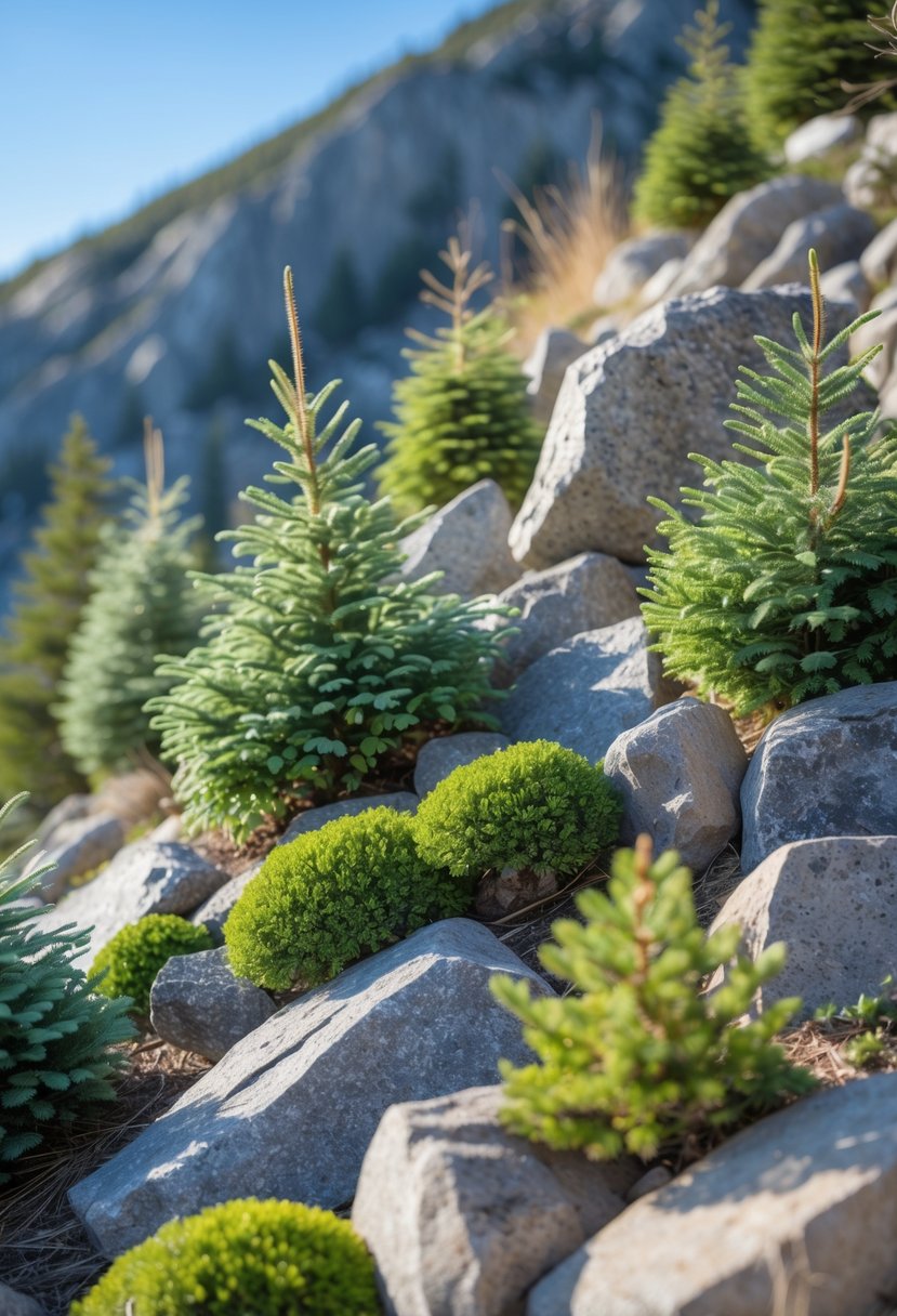 Alpine rock garden on a slope with dwarf evergreen shrubs and natural rocks.