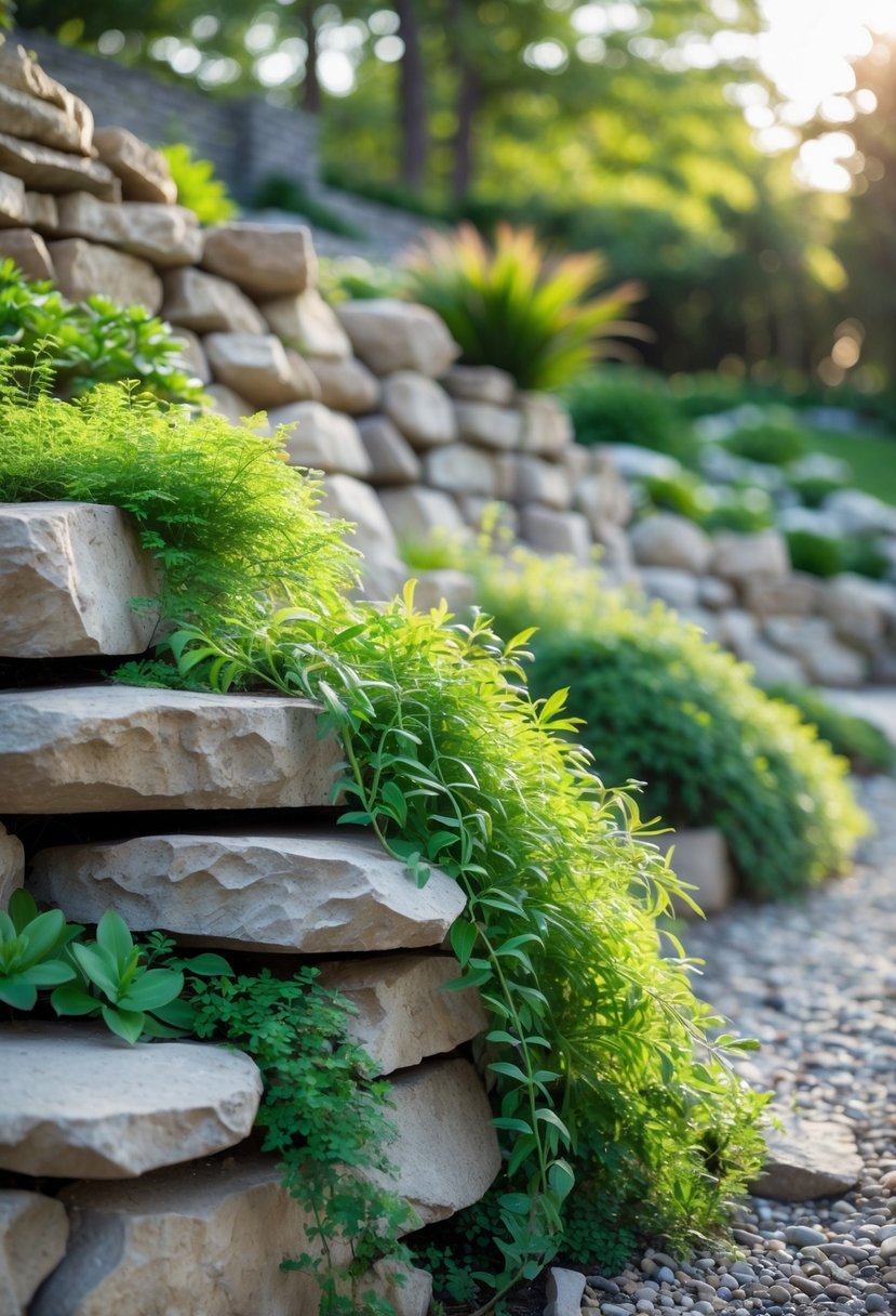 A dry stack rock wall on a slope with green plants cascading over the stones in a garden setting.