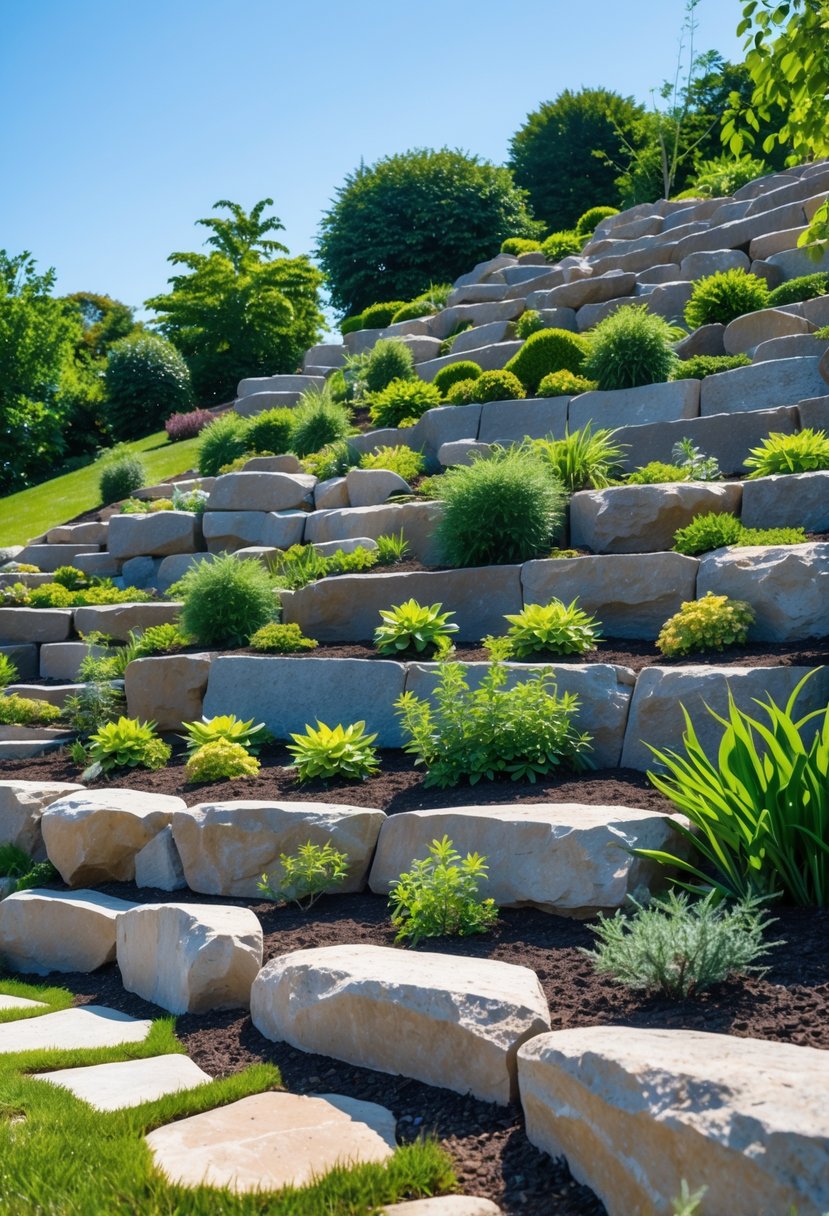 Terraced rock garden on a slope with stone beds and green plants to prevent soil erosion.