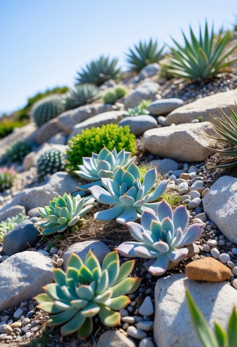 A rock garden on a gentle slope with various drought-tolerant succulents and natural stones under a clear sky.