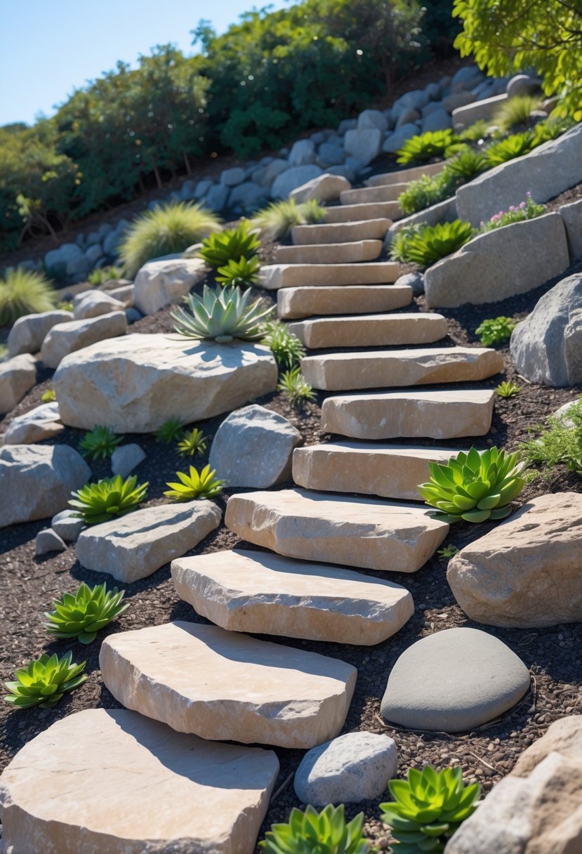 Natural stone steps leading up a gentle slope surrounded by rocks and green plants in a simple rock garden.
