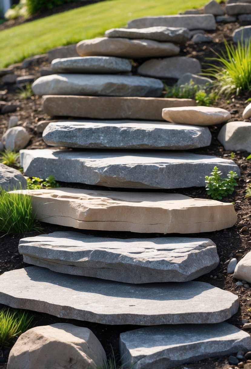 A rock garden on a slope with large stones at the bottom and smaller rocks stacked on top, surrounded by grass and small plants.