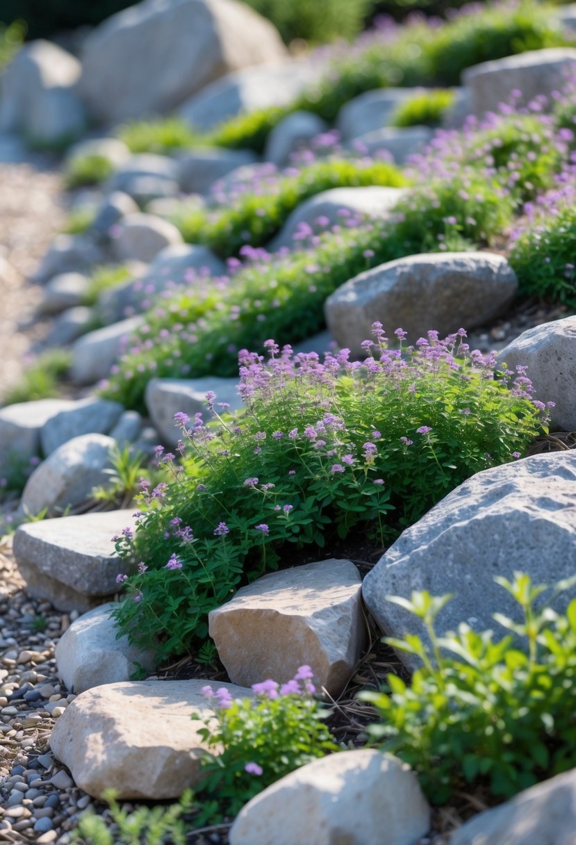 A sloped rock garden with gray and beige stones and green creeping thyme plants with small purple flowers growing between the rocks.
