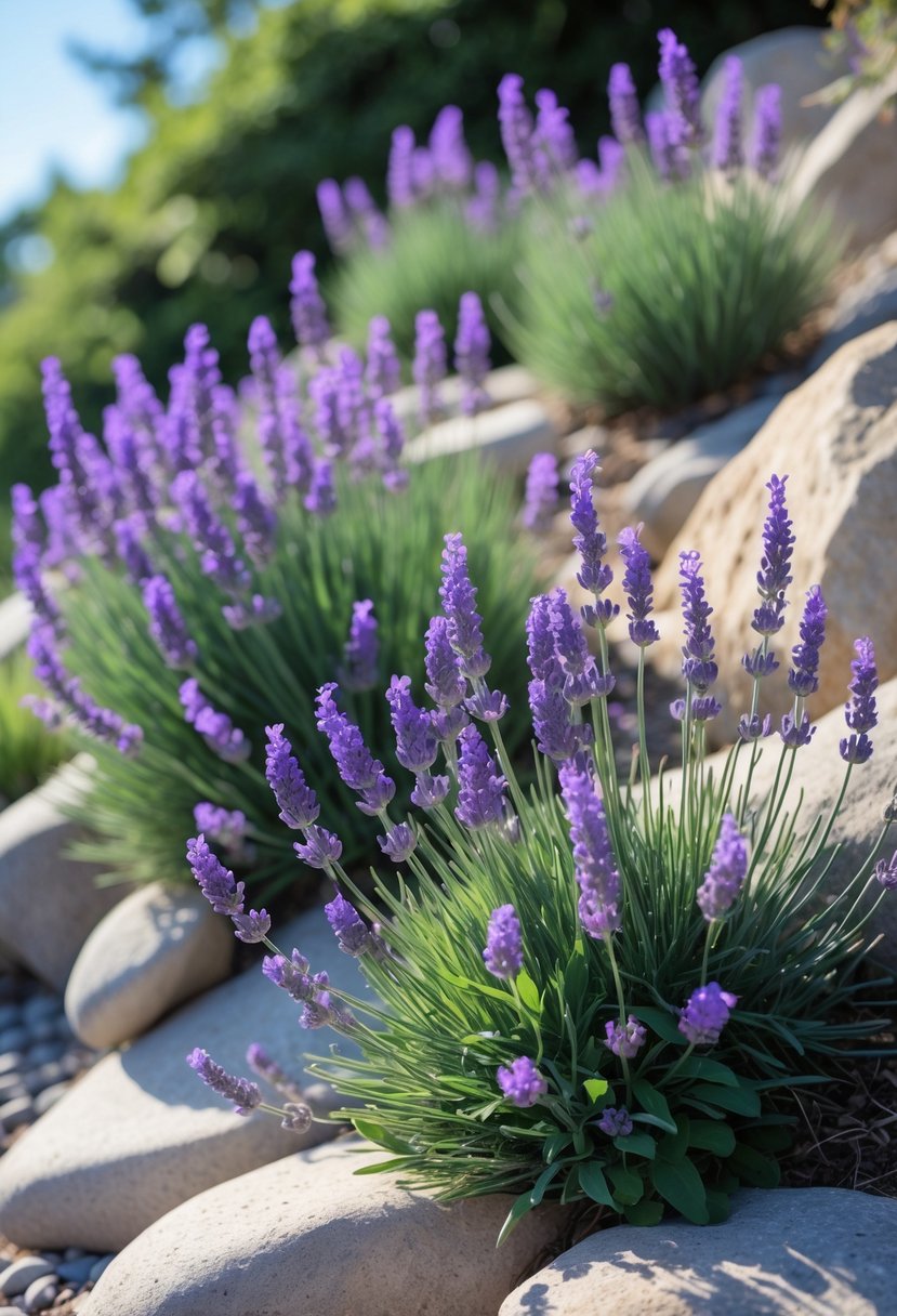 A rock garden on a slope with blooming lavender plants and smooth stones under a clear sky.