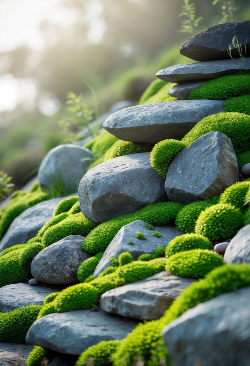 A simple rock garden on a slope with shaded rocks surrounded by green moss.