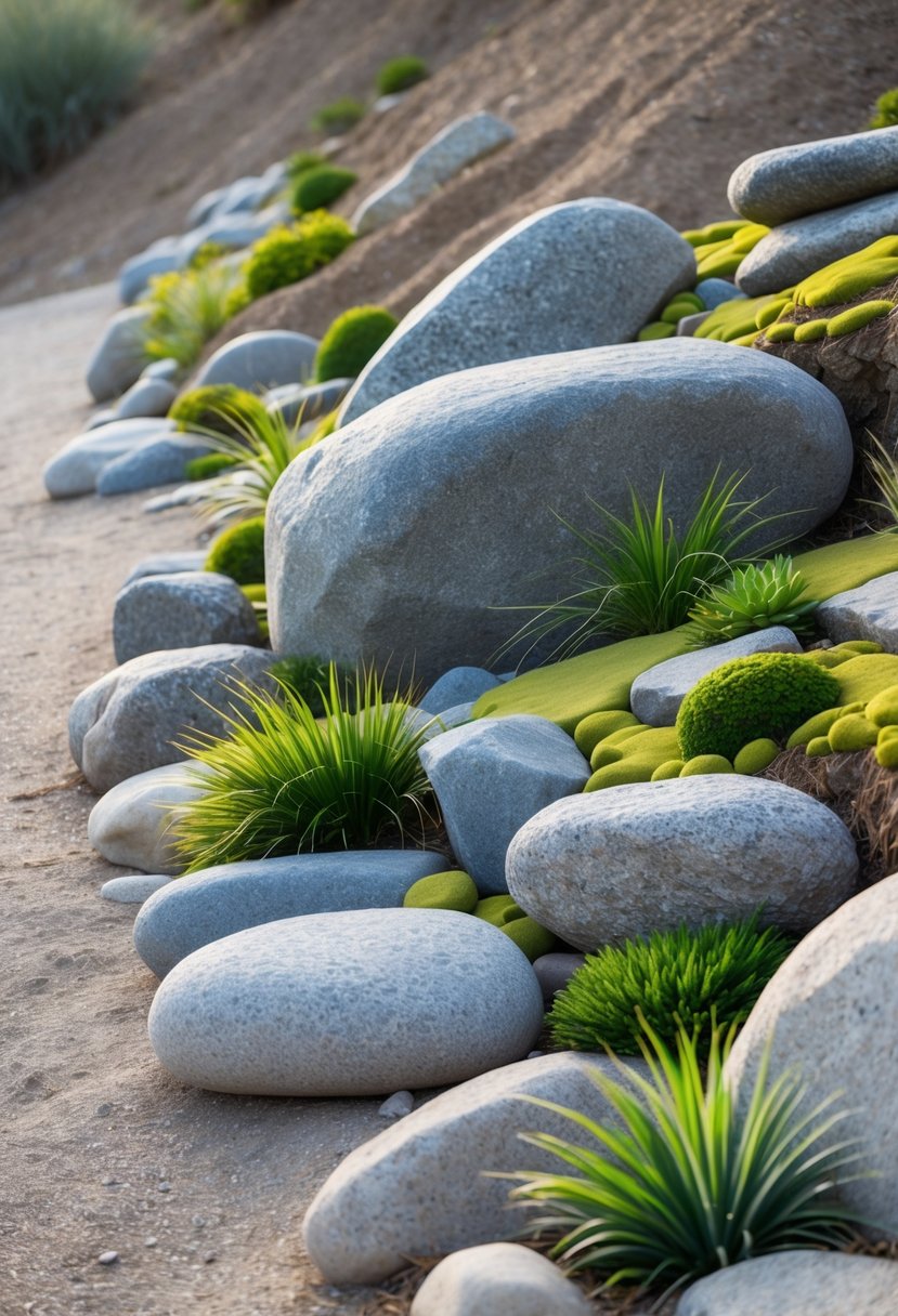 A simple rock garden on a gentle slope with large boulders and small plants growing around them.