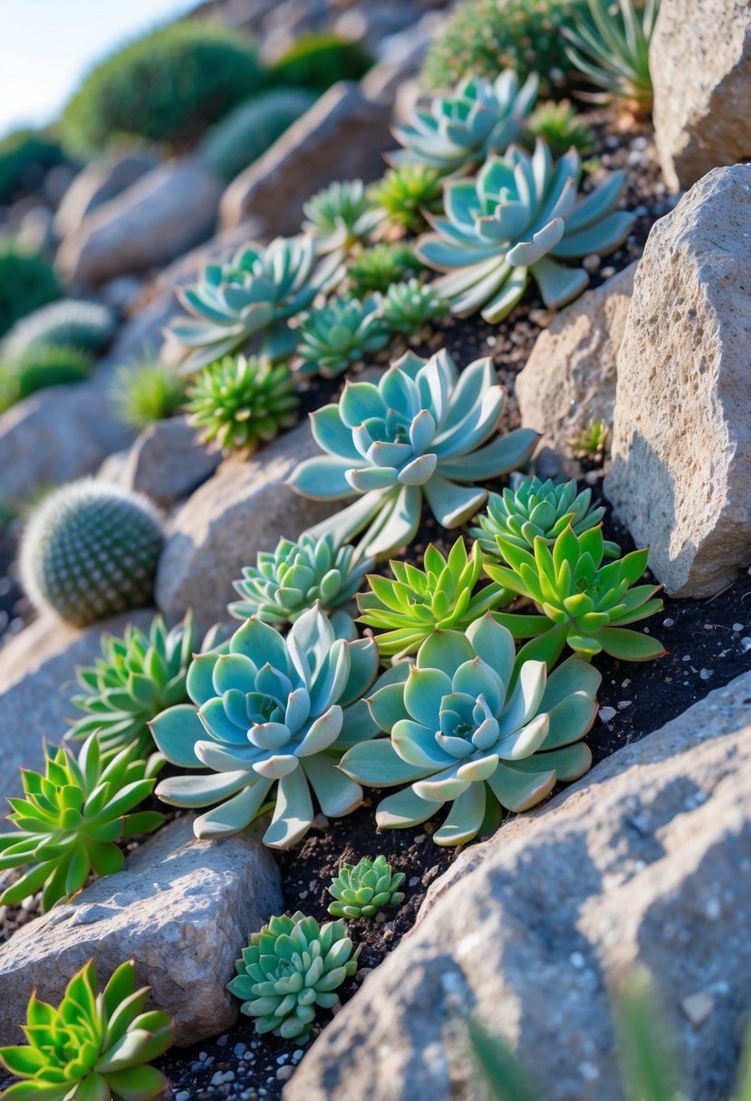 A sloped rock garden with drought-tolerant sedum and succulent plants growing between natural stones.