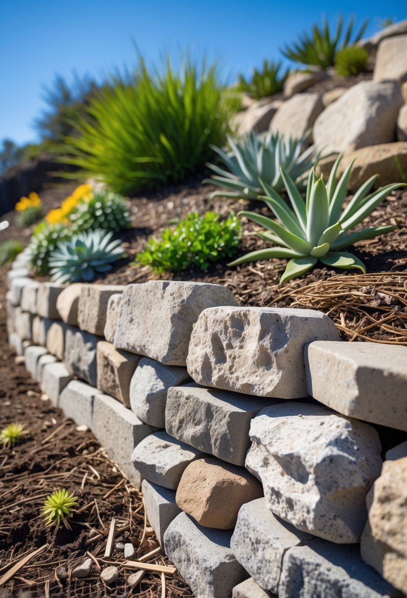 A small stone retaining wall on a slope with a rock garden of plants and shrubs behind it.
