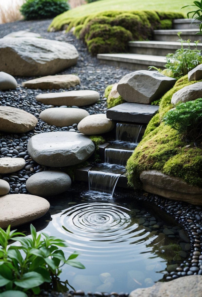 A small water feature with water flowing over rocks on a gentle slope surrounded by a simple rock garden with green plants.