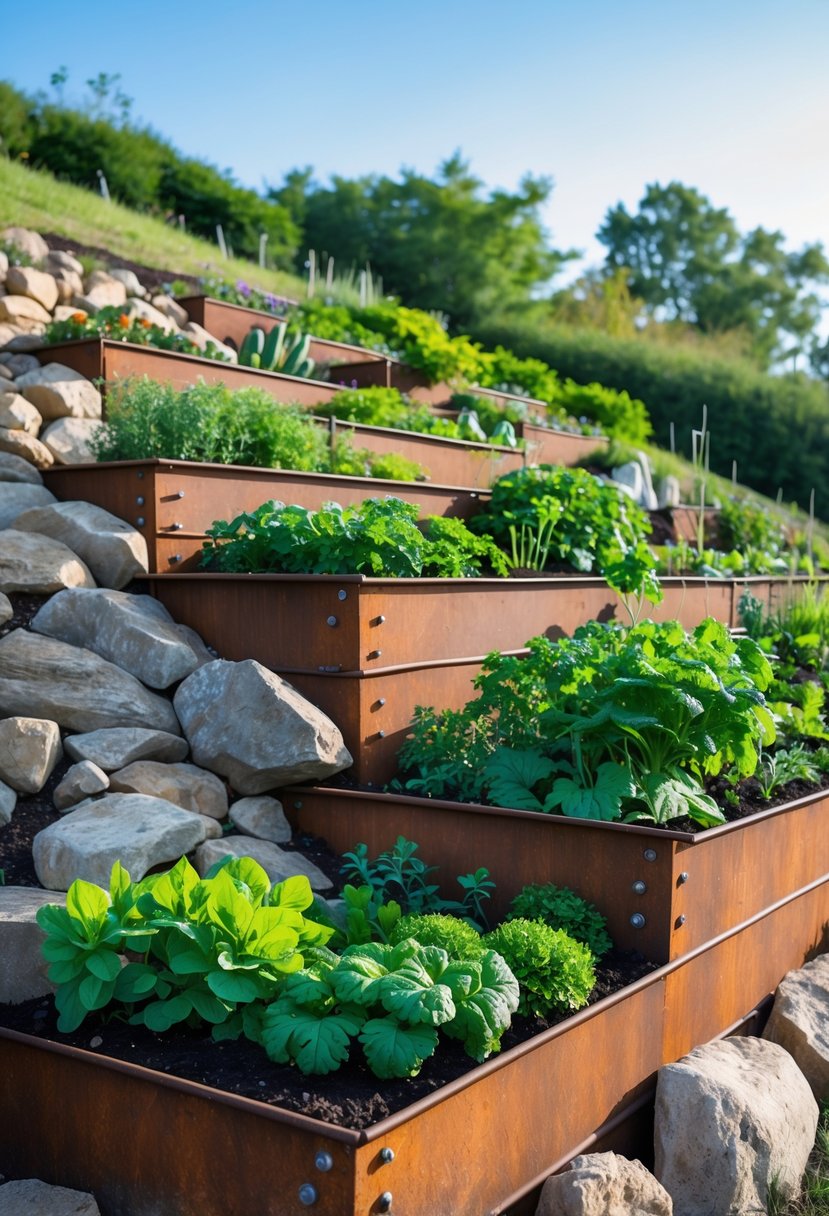 A terraced garden on a slope with rusted metal raised beds filled with vegetables and rocks arranged between the beds.