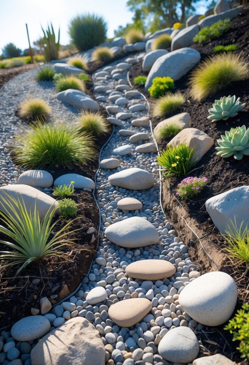 A dry creek bed with rocks and drought-tolerant plants on a sloped garden to manage runoff.