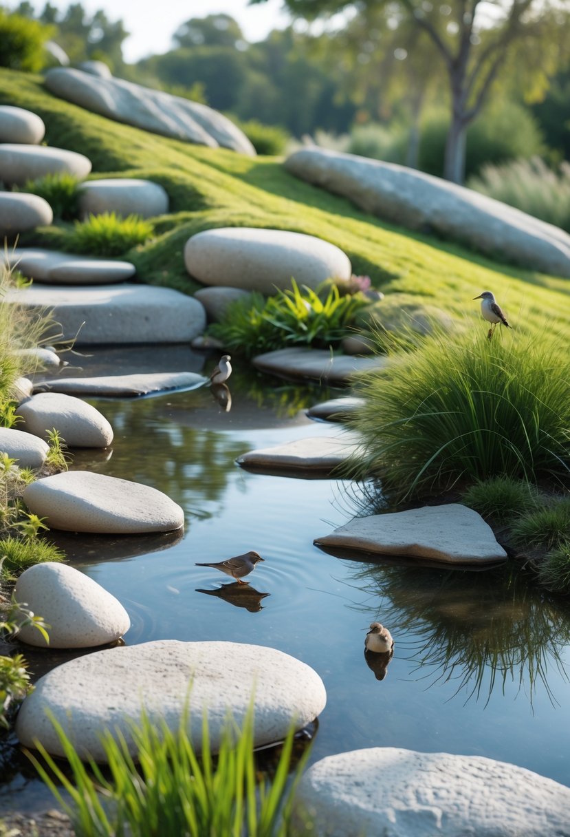 A sloped garden with shallow water pools surrounded by rocks and plants, with birds near the water.