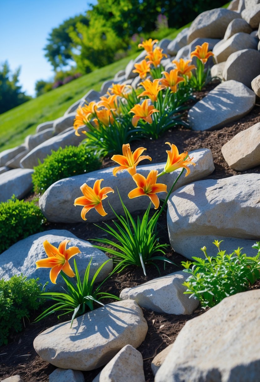 A sunny rock garden on a slope with bright orange and yellow daylilies growing among smooth rocks and green plants.