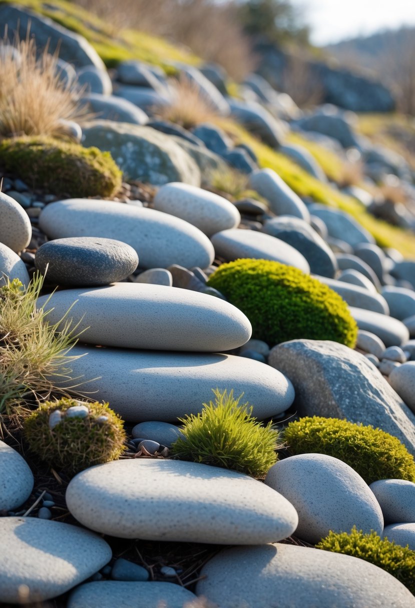 A rock garden on a gentle slope with smooth river rocks arranged among patches of greenery and moss.