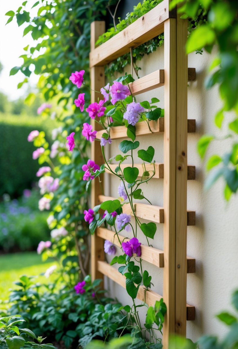 Wooden trellis with colorful flowering vines climbing against a garden wall surrounded by green plants.