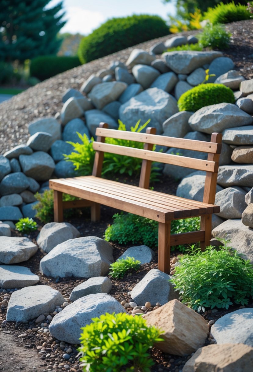 A simple wooden bench surrounded by rocks and plants on a gentle garden slope.