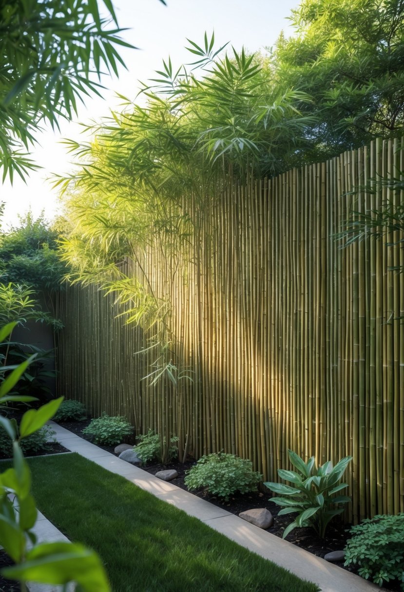 A garden with tall bamboo screens used to cover a wall, surrounded by green plants and grass.