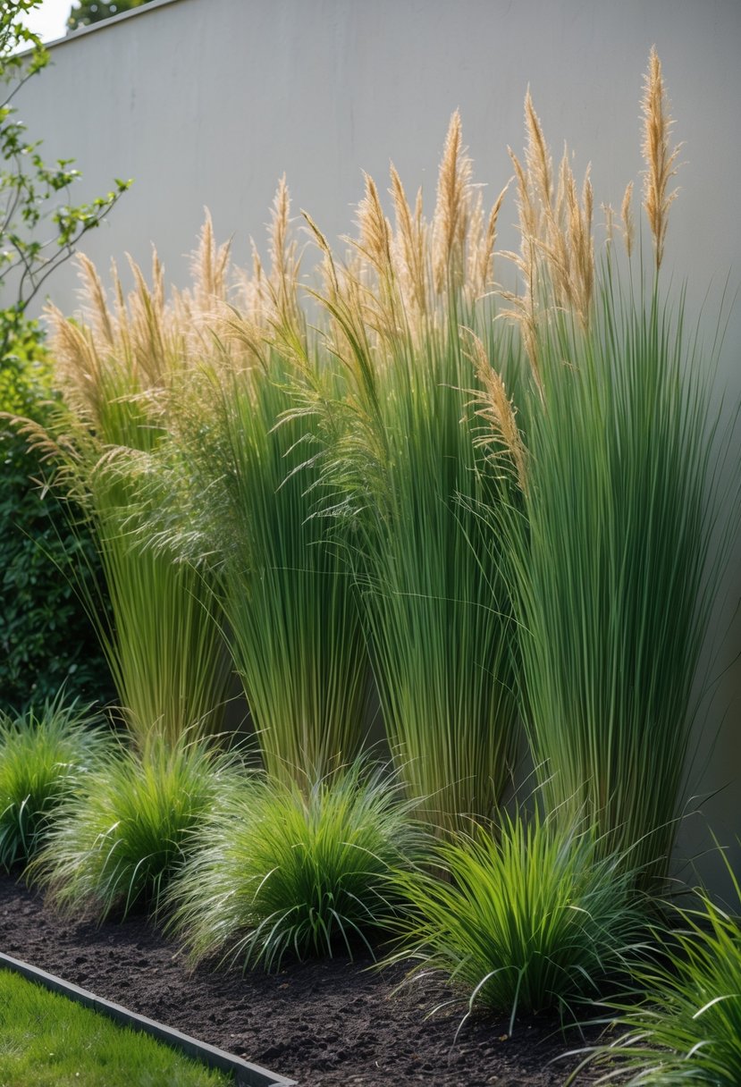 Tall ornamental grasses planted densely in front of a plain wall in a garden.