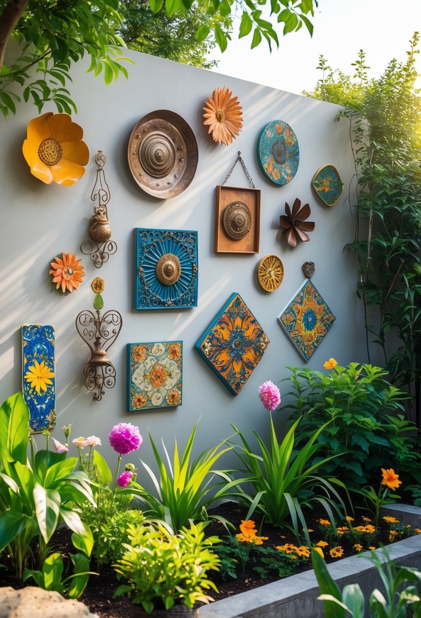 Outdoor garden with decorative art pieces hanging on a wall surrounded by plants and flowers.