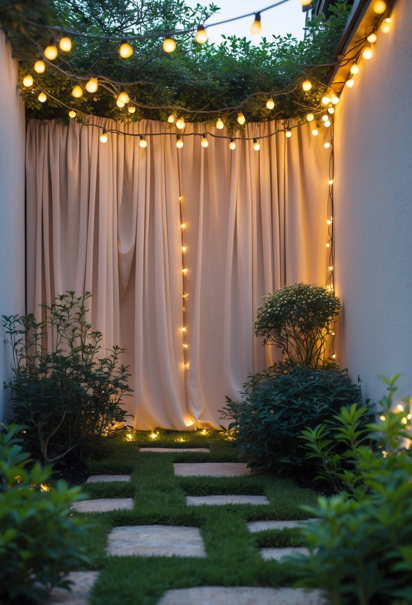 A garden corner with string lights hanging above and light fabric draped over a wall, surrounded by green plants and flowers.