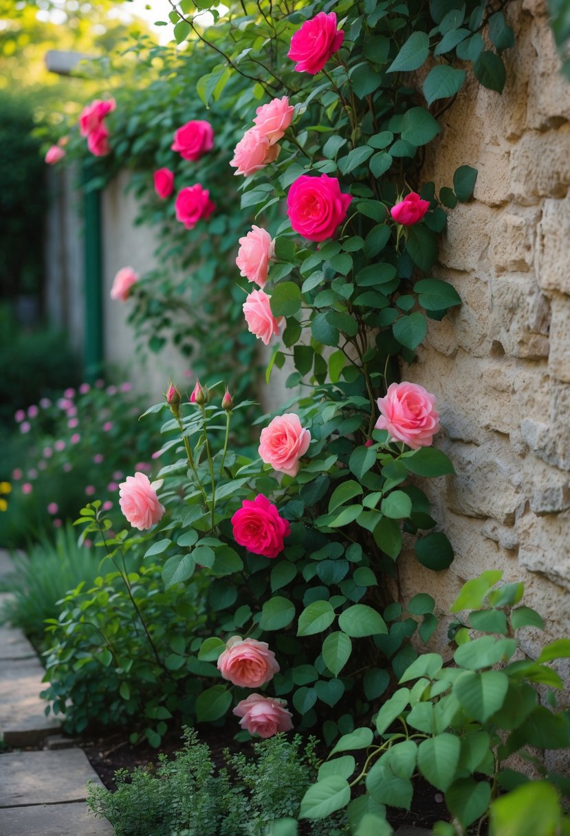 A garden wall covered with climbing roses in full bloom, surrounded by green leaves and sunlight.