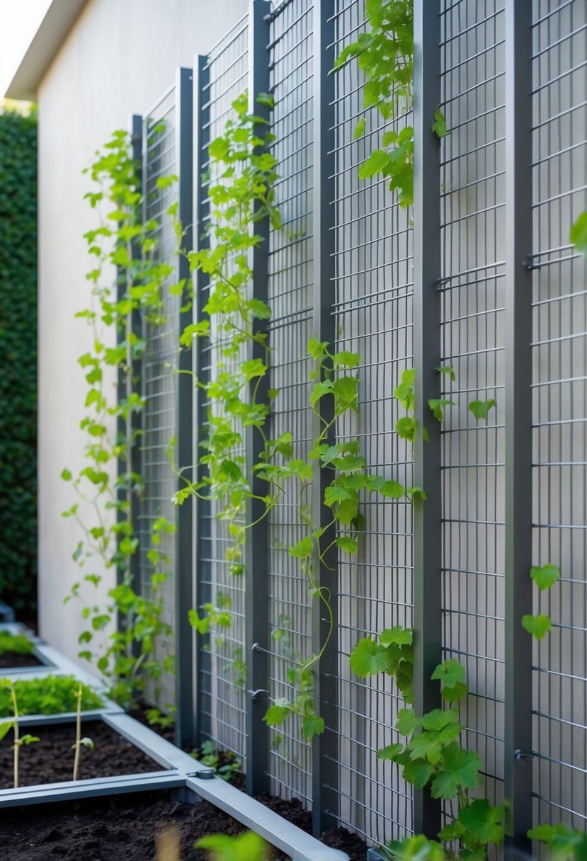 Metal grid panels installed against a wall with green vines growing on them in a garden.