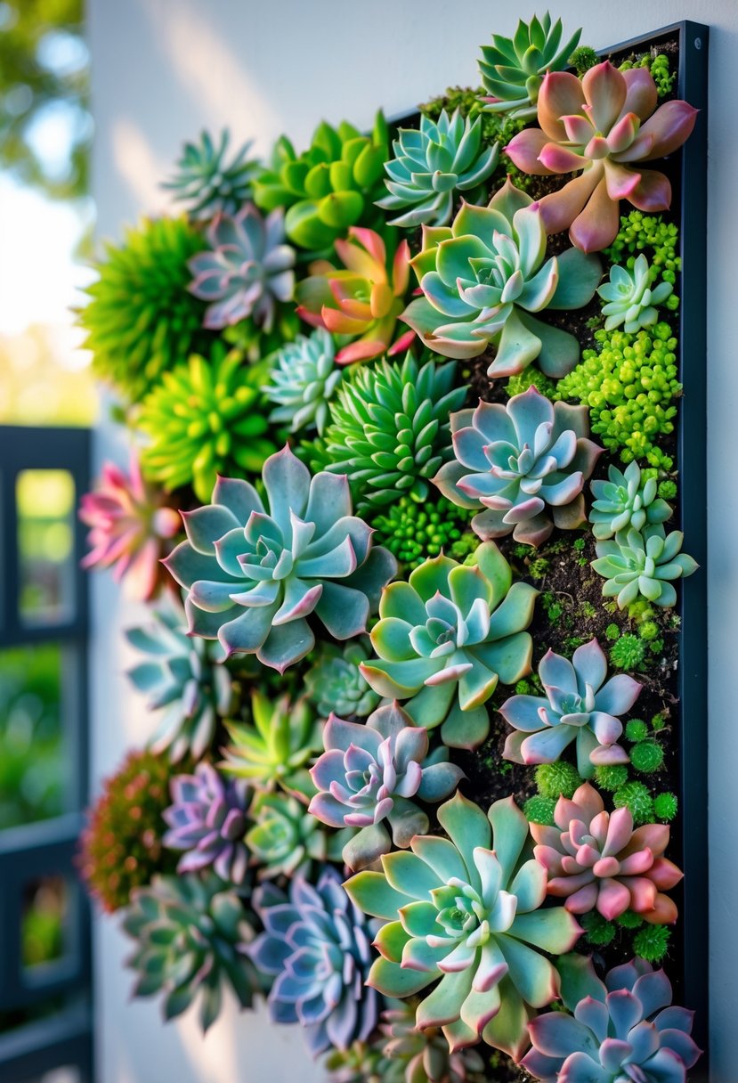 A vertical garden filled with colorful succulents covering a wall.