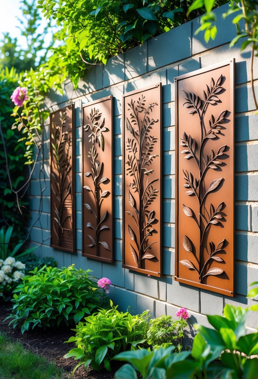 A garden wall decorated with decorative metal art panels surrounded by green plants and flowers.