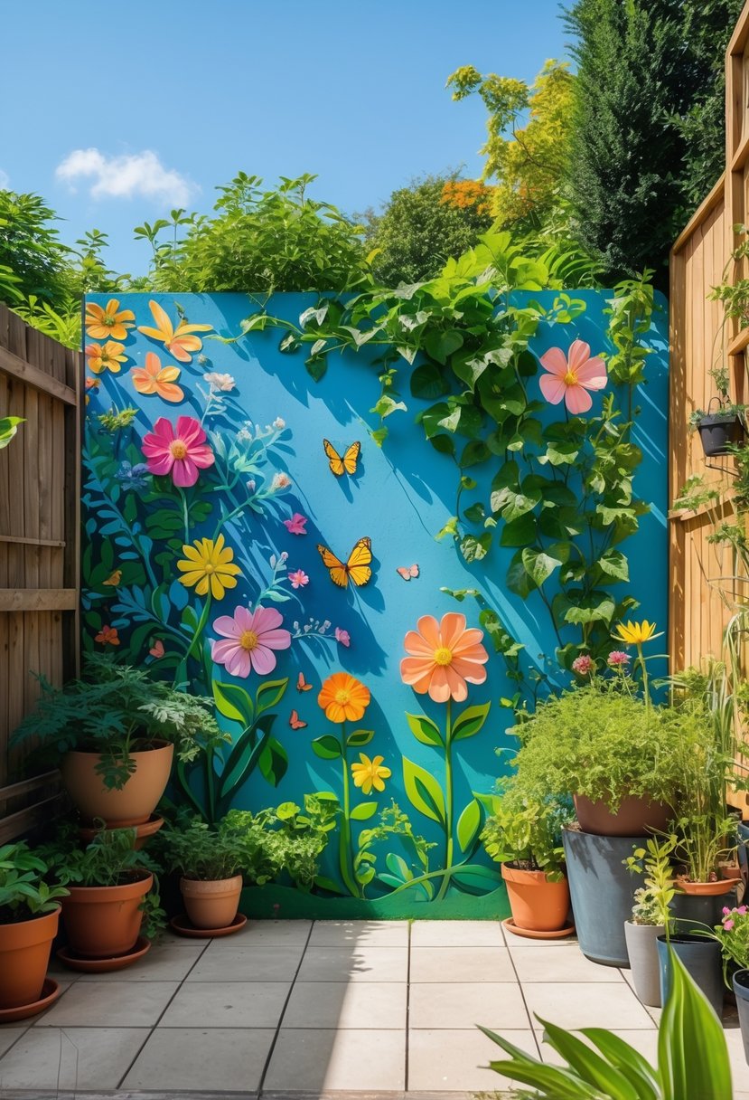 A garden wall decorated with a colorful mural of flowers, vines, butterflies, and birds surrounded by plants in a sunny backyard.
