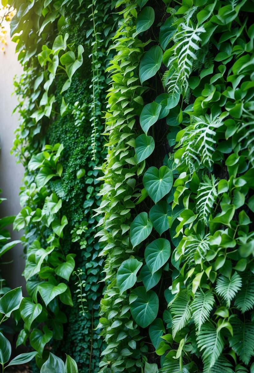 A vertical garden with dense ferns and ivy covering a wall.