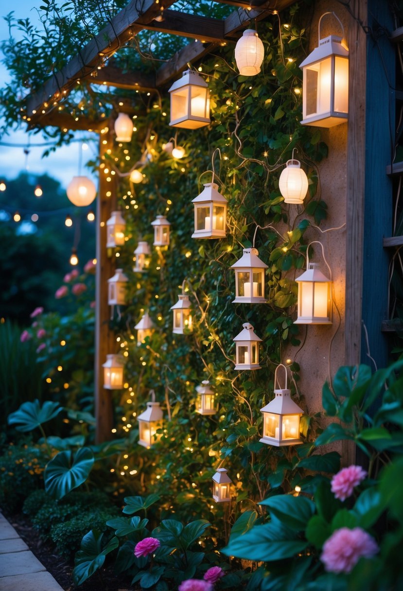 A garden wall covered with hanging lanterns and fairy lights surrounded by green plants and flowers.