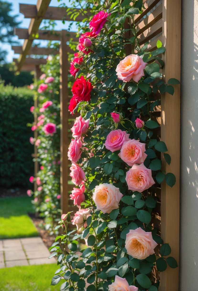 A wooden trellis covered with blooming climbing roses in a garden, hiding a plain wall behind it.