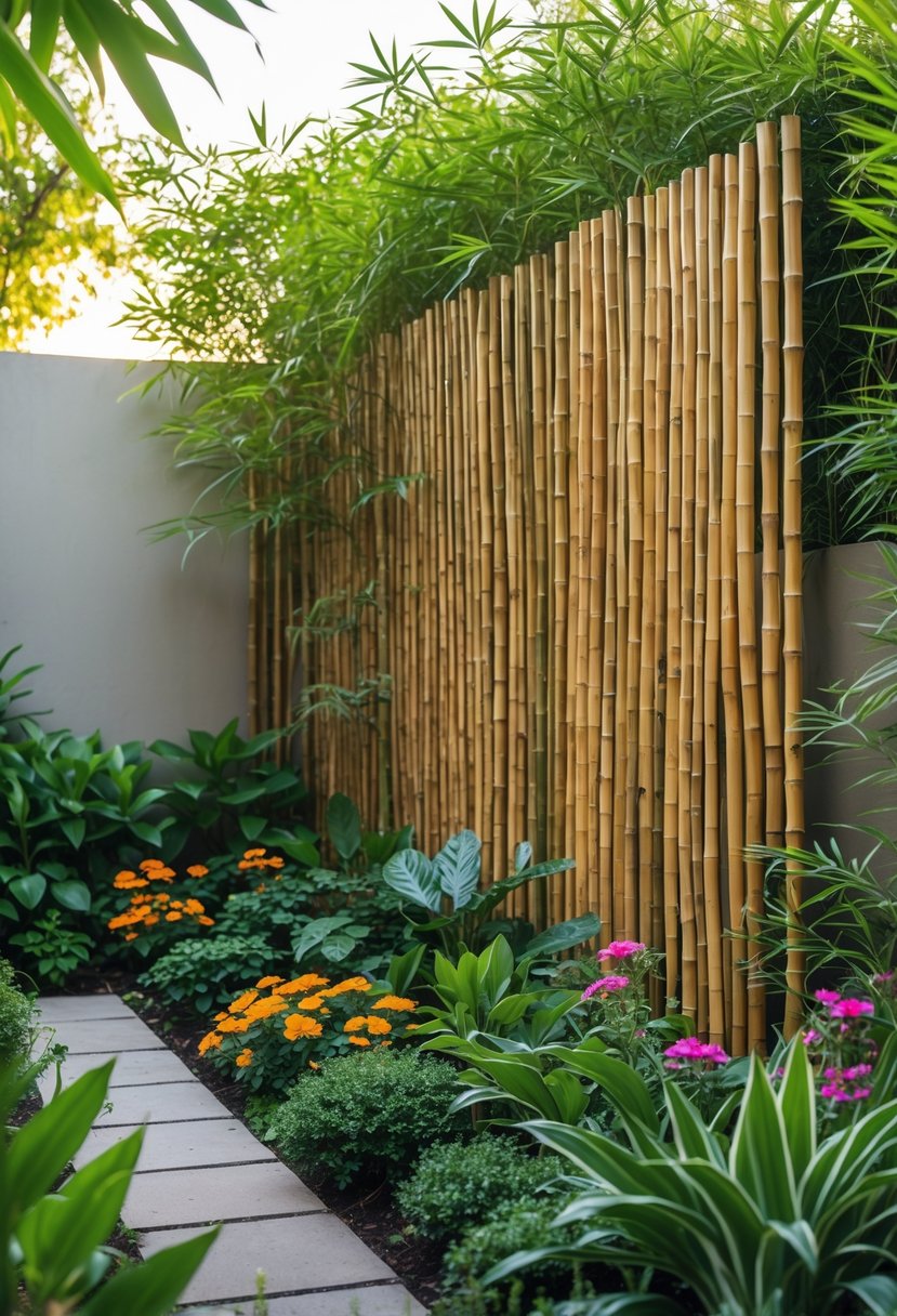 A garden with a bamboo screen hiding a wall, surrounded by green plants and flowers.